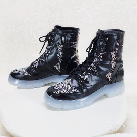 Aces Rhinestone Combat Boots Punk Goth Glam Shoes Last Ones - Picture 9 of 10